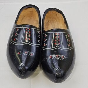 Vtg Dutch Wooden Clogs Black Hand Painted Klompen Traditional Shoes Women 10